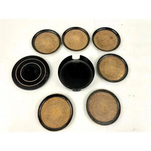 VTG Black Set of 6 Round Cork Coaster Set MCM Barware Original